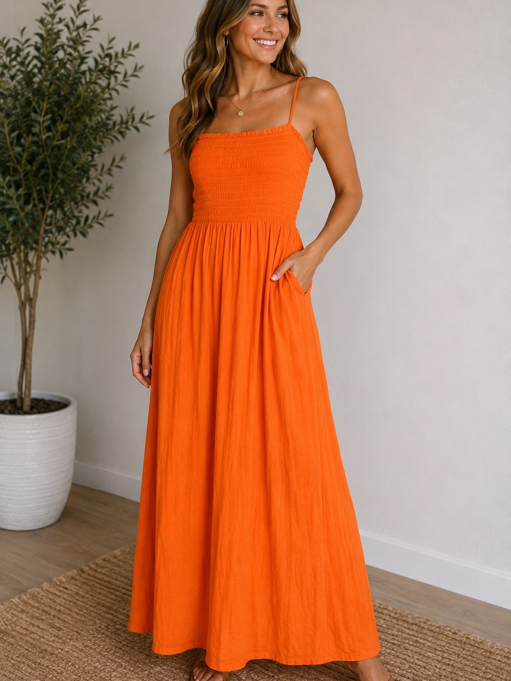 Fashion Nova Orange Smocked Maxi Dress with Pockets | Adjustable Straps | Medium